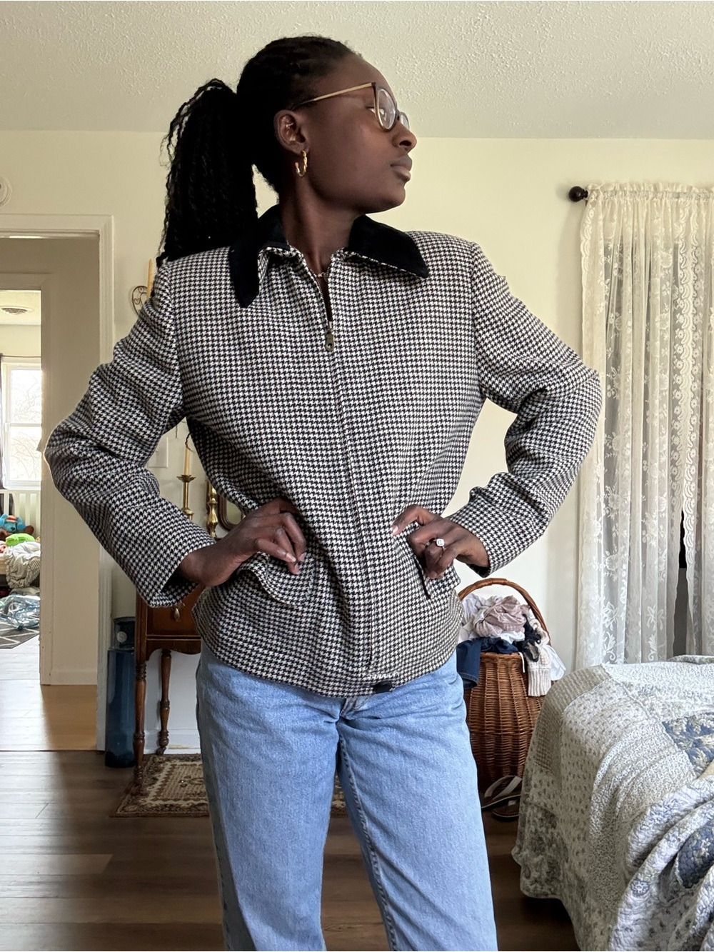 Harve Benard Black and Cream Houndstooth Zip Jacket